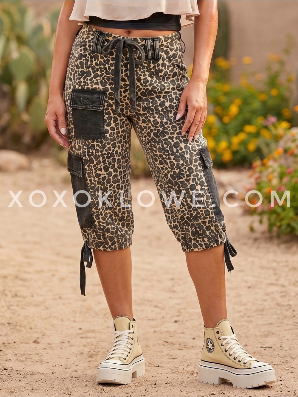 Oli & Hali Washed Cheetah Cargo Capris | Moxie Rope Tie Animal Print Pants